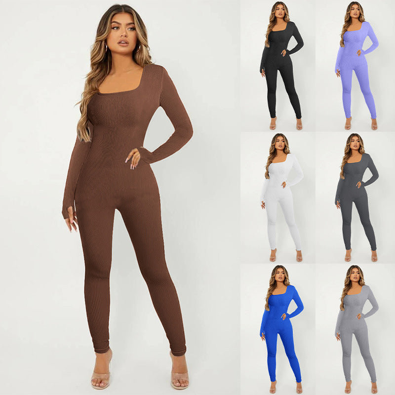 Women's Ribbed Skinny Jumpsuit with Square Neckline, Long Sleeves and Thumbhole Mune Fashion