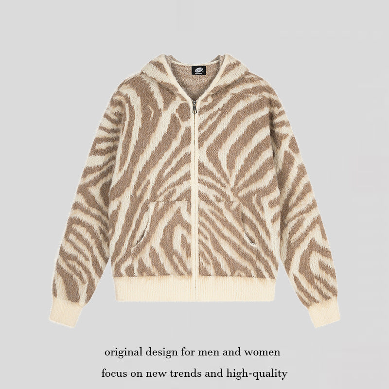 Women's Fluffy Zip Hoodie Cardigan with Zebra Jacquard and Kangaroo Pocket Mune Fashion