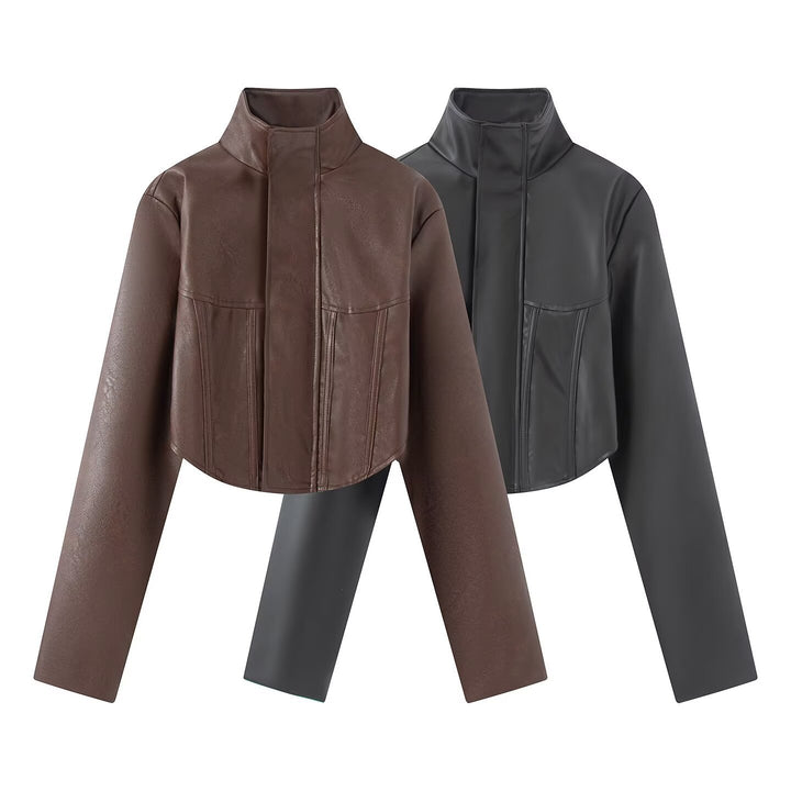Women's Cropped Faux Leather Jacket with Stand-Up Collar and Tailored Seams Mune Fashion