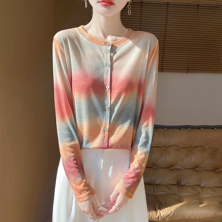 Ladies Lightweight Watercolor Print Fine Knit Cardigan with Round Neck and Button Placket Mune Fashion