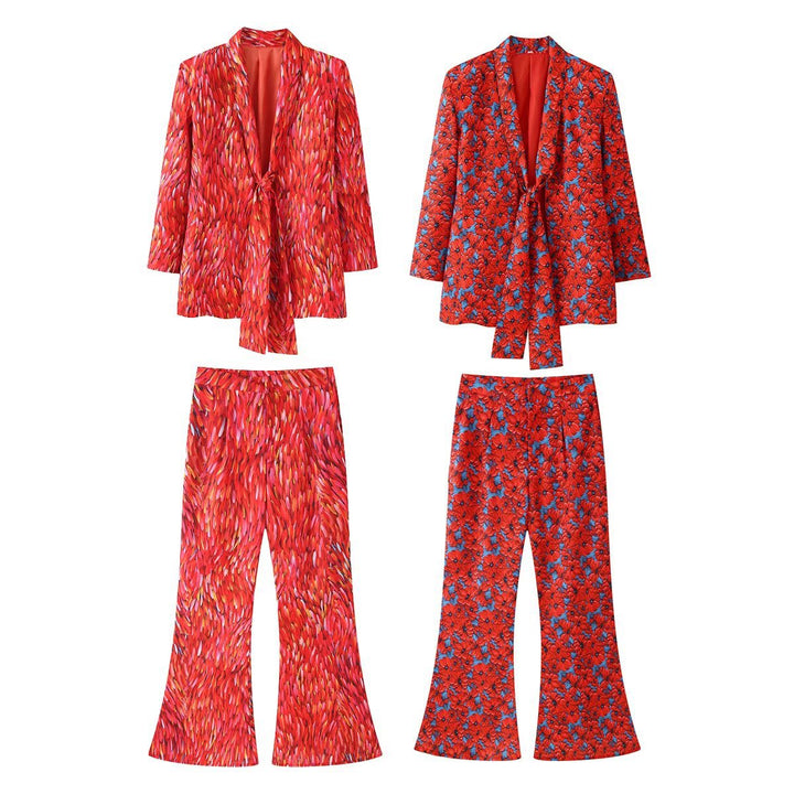 Women Two-Piece Set Shawl Collar Blazer with Knot Front and Flared High-Waist Pants Mune Fashion