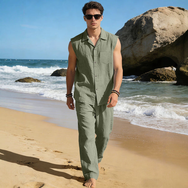 Men's sleeveless linen leisure set with lapel collar, chest pocket, and straight pants Mune Fashion