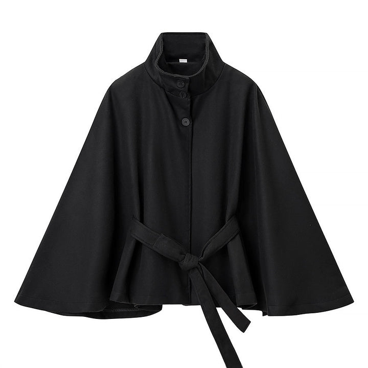 Women's Short Cape Coat with Stand-Up Collar, Concealed Button Placket and Tie Belt Mune Fashion
