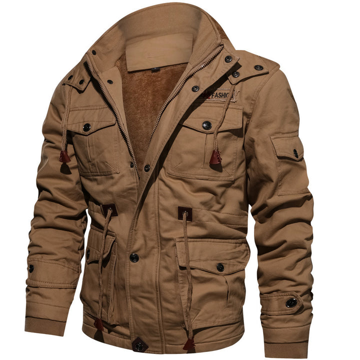 Men's Canvas Utility Jacket with warming fleece lining, stowable hood, and multiple cargo pockets Mune Fashion
