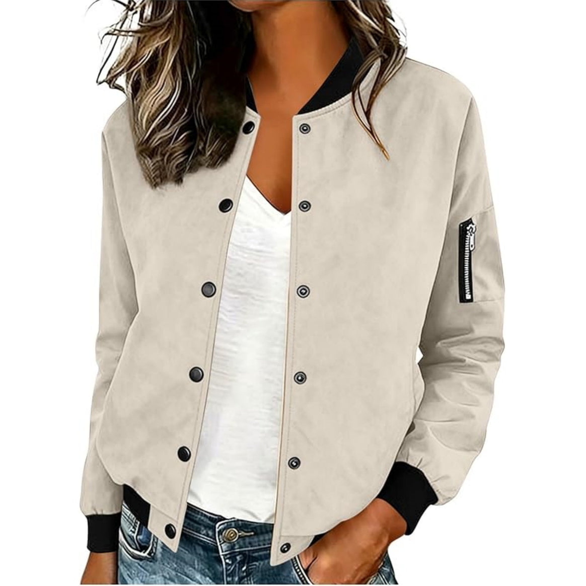 Women's Lightweight Bomber Jacket with Snap Buttons and Arm Pocket Mune Fashion