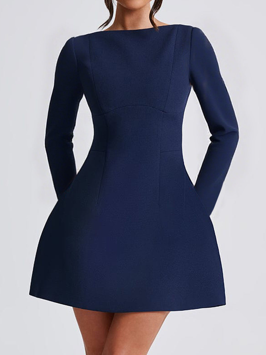 Women's fitted A-line dress with boat neckline, long sleeves and discreet side pockets Mune Fashion