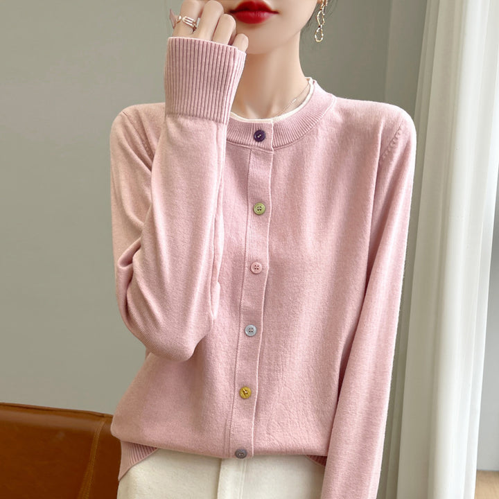 Women's Lightweight Fine Knit Cardigan with Round Neckline and Colorful Buttons Mune Fashion
