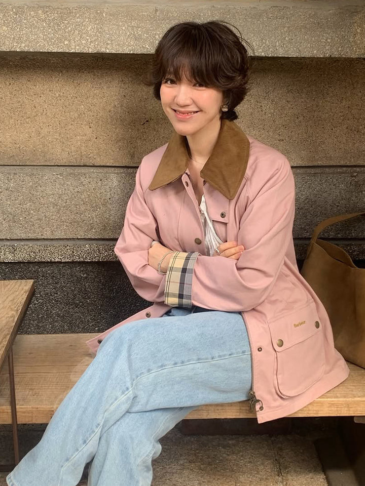 Women's transitional jacket with corduroy collar, checkered inner cuffs, and patch pockets Mune Fashion