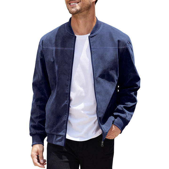 Men's faux suede bomber jacket with stand-up collar, ribbed cuffs, and concealed zipper Mune Fashion