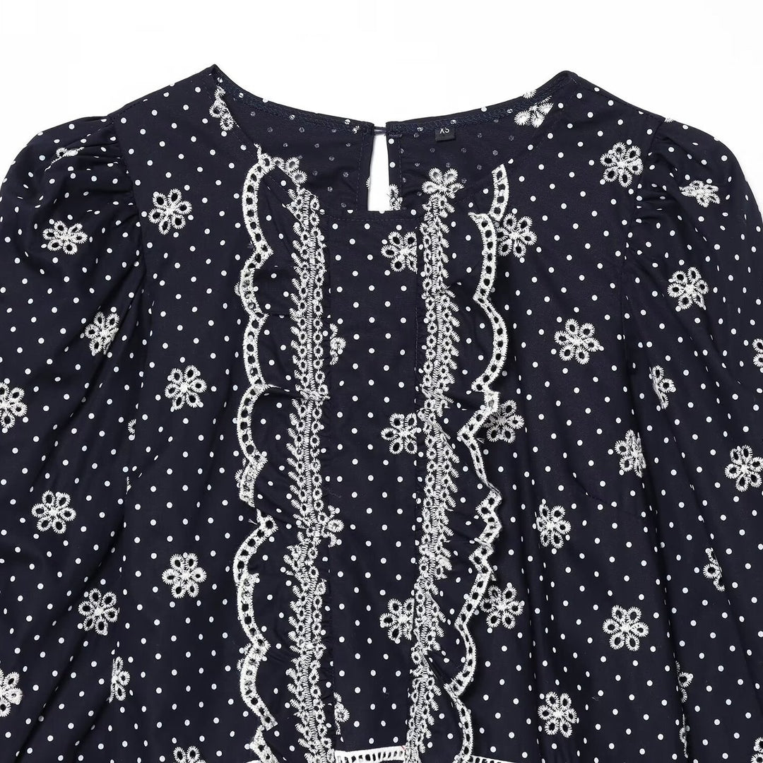Women Embroidered Polka Dot Blouse with Ruffles and Balloon Sleeves Mune Fashion