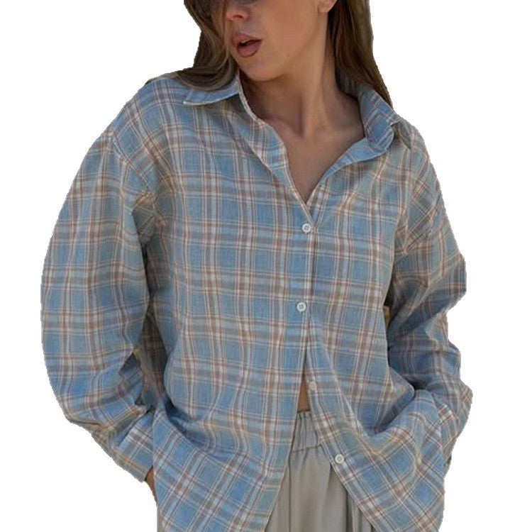 Women's Oversize checkered linen look blouse with shirt collar, full button placket & casual silhouette Mune Fashion