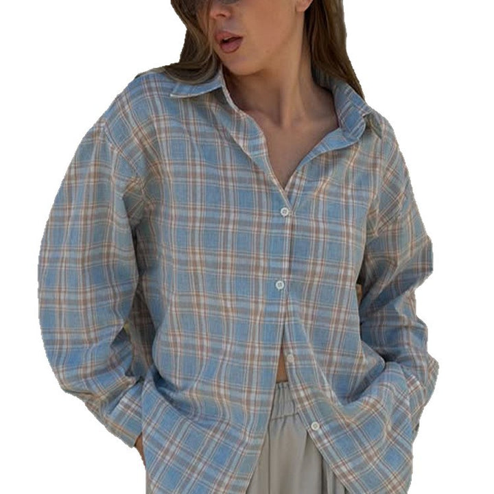 Women's Oversize checkered linen look blouse with shirt collar, full button placket & casual silhouette Mune Fashion