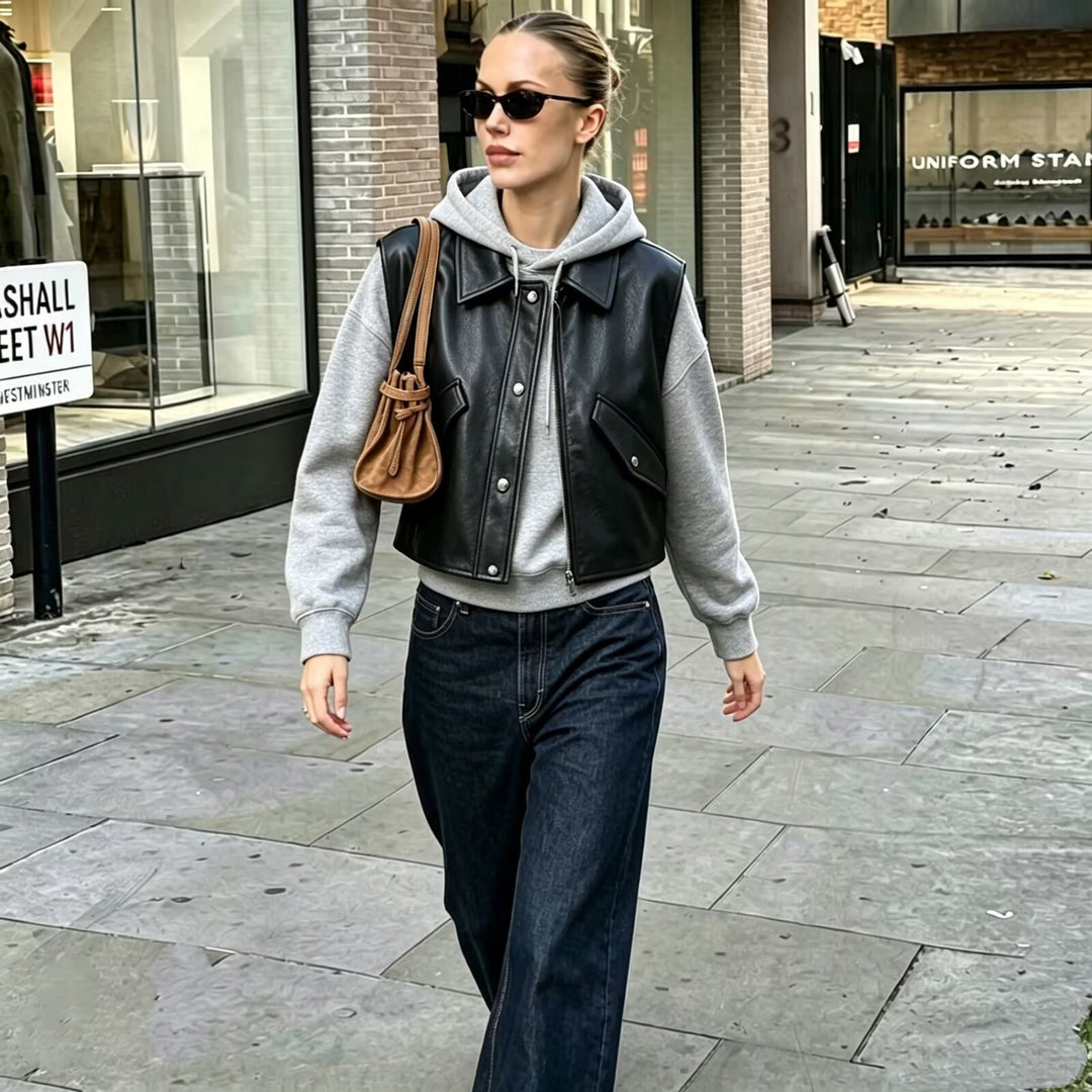 Women's Cropped Utility Vest in Leather Look with Collar, Ring Zipper, and Attached Flap Pockets Mune Fashion