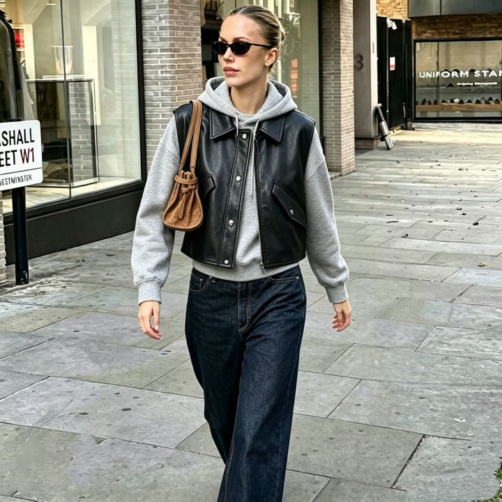 Women's Cropped Utility Vest in Leather Look with Collar, Ring Zipper, and Attached Flap Pockets Mune Fashion