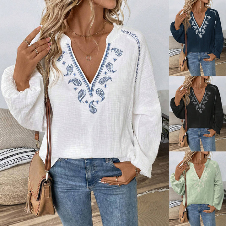 Women's Embroidered Cotton Gauze Tunic with V-Neck and Balloon Sleeves Mune Fashion