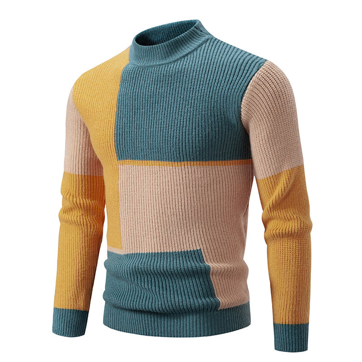 Men's chunky knit sweater with stand-up collar and contrasting block stripe pattern Mune Fashion