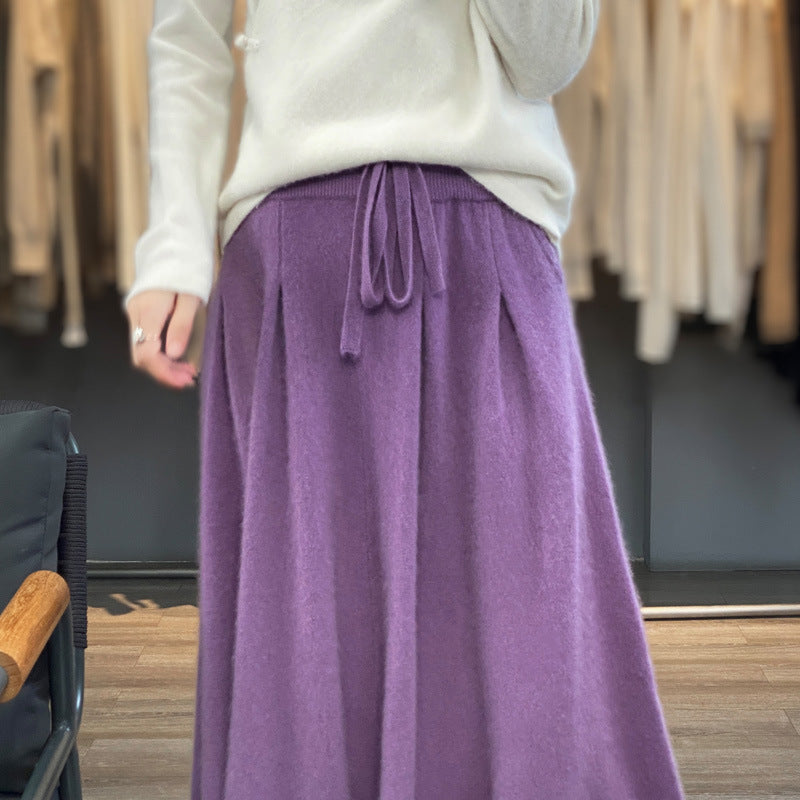 Women Mid-Length Cashmere-Look Knit Skirt with Pleats and Drawstring Mune Fashion