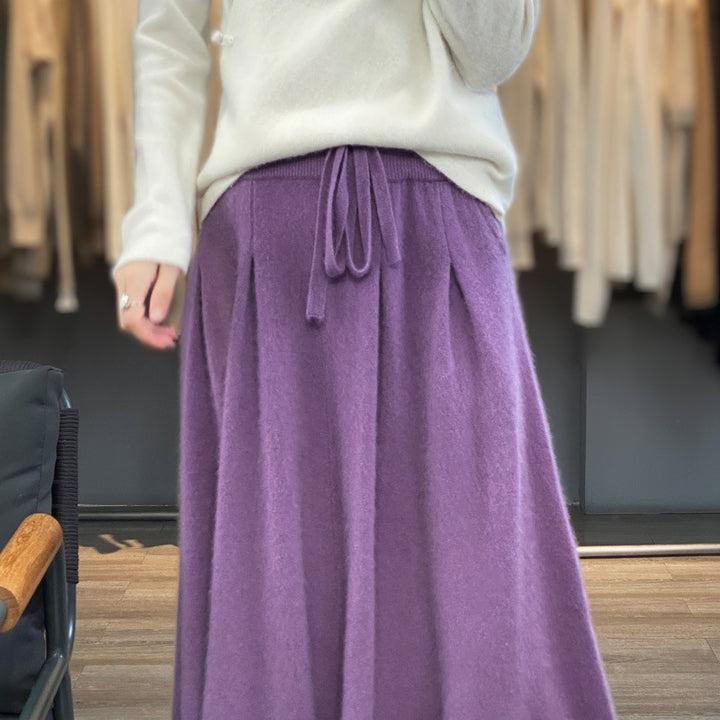 Women Mid-Length Cashmere-Look Knit Skirt with Pleats and Drawstring Mune Fashion
