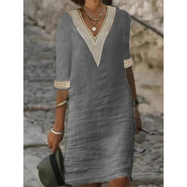 Women's Lightweight Linen Midi Dress with V-Neck and Crochet Lace Trim Mune Fashion