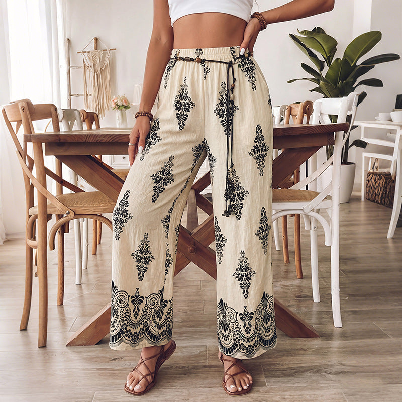 Women Light Boho Harem Pants with Elastic Waistband, Tassel Drawstring and Oriental Print Mune Fashion