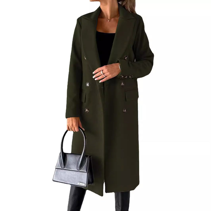 Women Double-Breasted Wool Coat in Longline Cut with Lapel Collar and Flap Pockets Mune Fashion