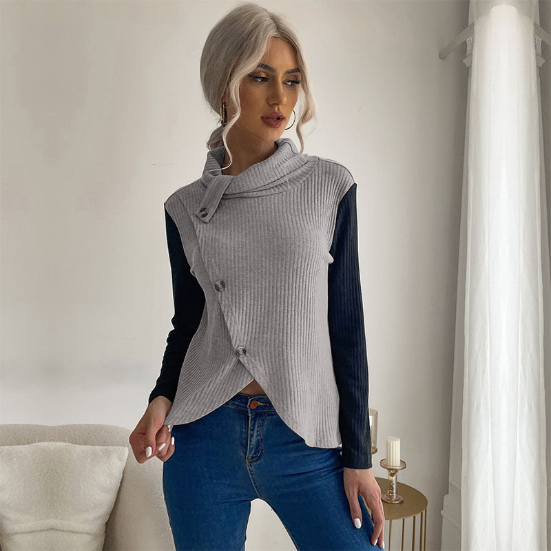 Ladies Asymmetric Ribbed Knit Layering Top with Roll Neck and Decorative Button Placket Mune Fashion
