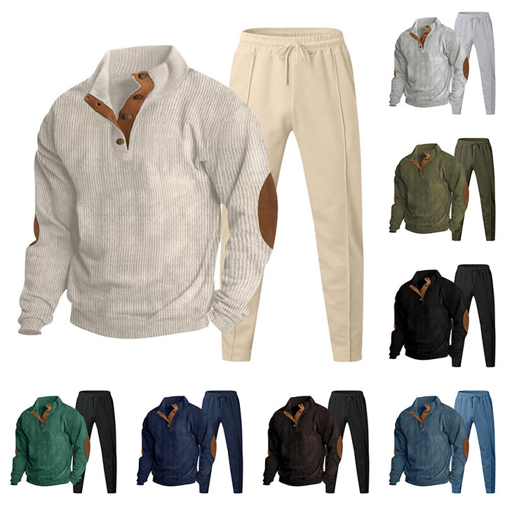 Men's Structured Henley Loungewear Set with Elbow Patches & Tapered Jogger Pants Mune Fashion