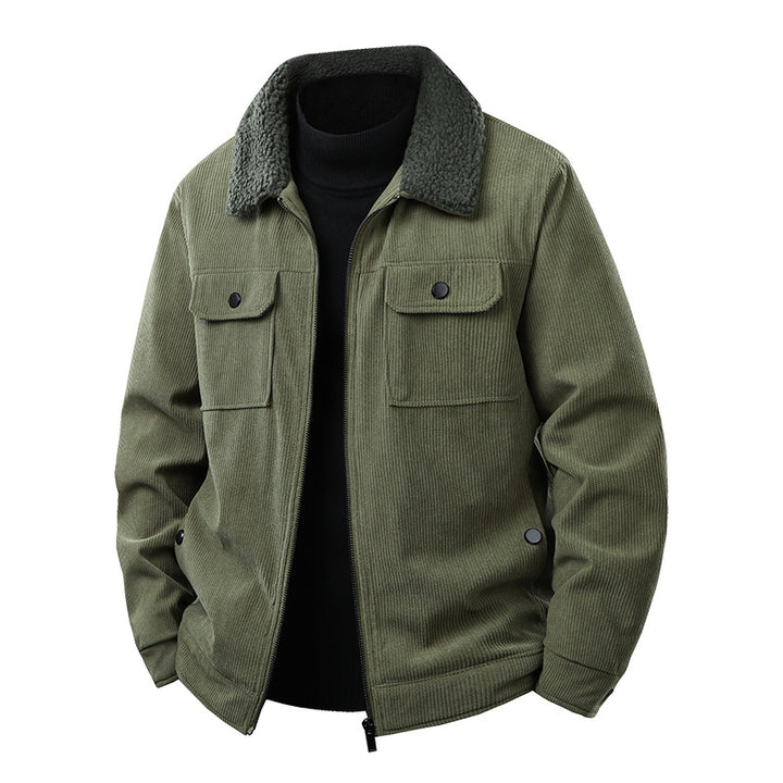 Men's cord work jacket with sherpa collar, concealed zipper, and multi-pocket chest pockets Mune Fashion