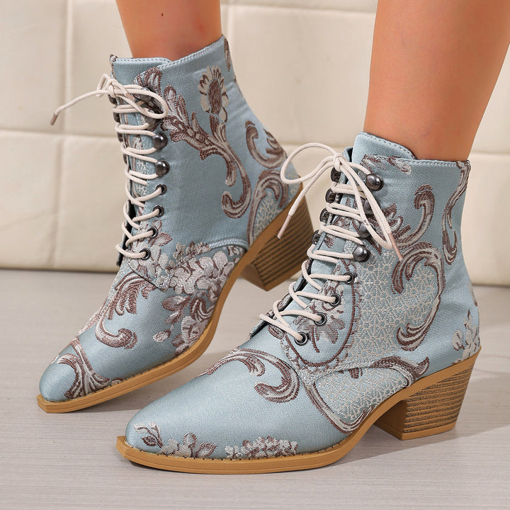 Women's embroidered lace-up ankle boots with jacquard brocade pattern and low block heel Mune Fashion