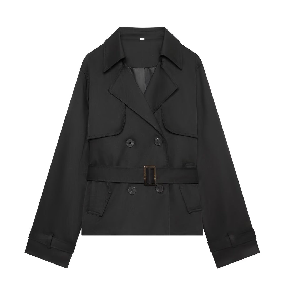 Women's Short Cropped Trench Coat with Double-Breasted Button Placket, Waist Belt, and Epaulettes Mune Fashion