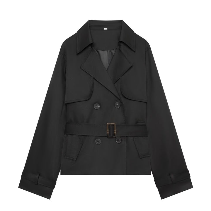 Women's Short Cropped Trench Coat with Double-Breasted Button Placket, Waist Belt, and Epaulettes Mune Fashion
