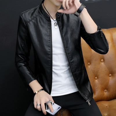 Men's Fashion Faux Leather Jacket with Stand-Up Collar Mune Fashion