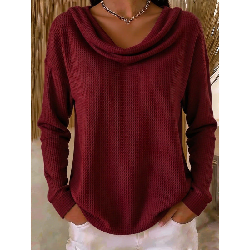 Women Casual Waffle Knit Sweater with Wide Waterfall Collar and Rounded Hem Mune Fashion
