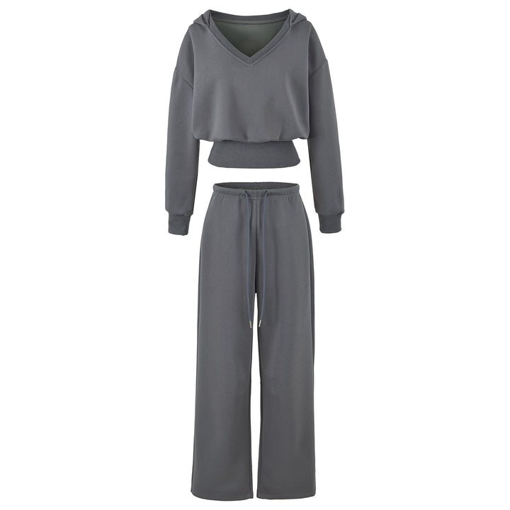 Women's Comfort Lounge Set with Short V Hooded Sweatshirt and High-Cut Wide-Leg Joggers Mune Fashion