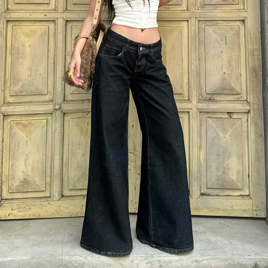Ladies wide high-waist jeans with wide leg, high waistband and contrast stitching Mune Fashion