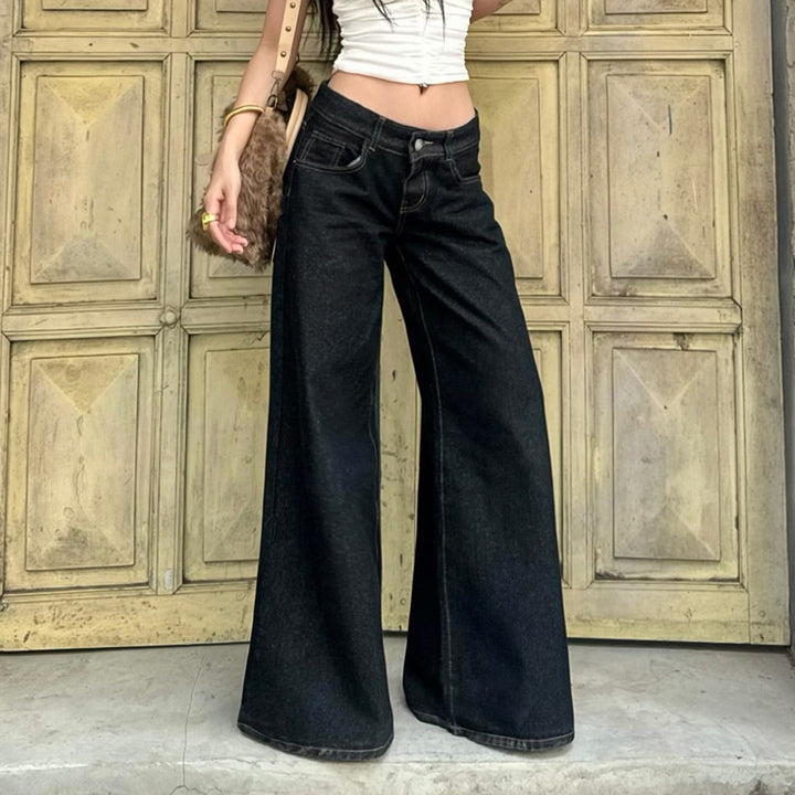 Ladies wide high-waist jeans with wide leg, high waistband and contrast stitching Mune Fashion