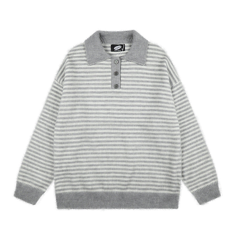 Women's Fluffy Knit Polo with Stripes, Contrasting Collar and Button Placket Mune Fashion