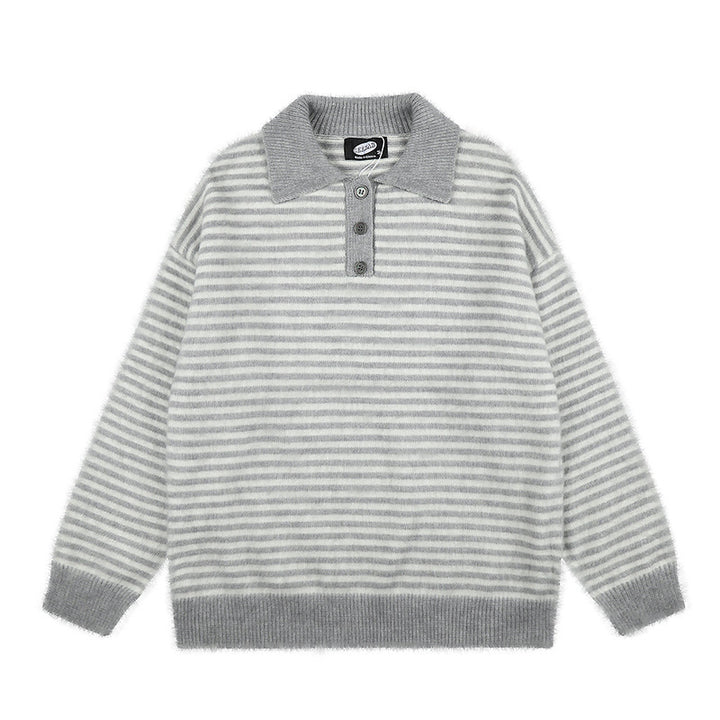 Women's Fluffy Knit Polo with Stripes, Contrasting Collar and Button Placket Mune Fashion