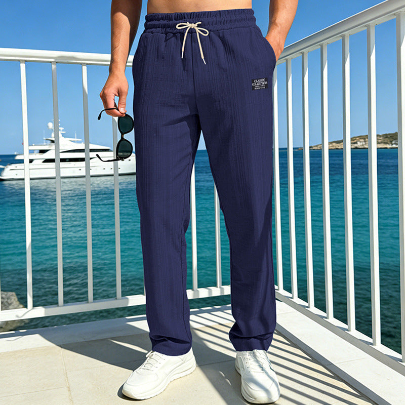 Men's relaxed casual pants with linen look, elastic waistband, and drawstring Mune Fashion