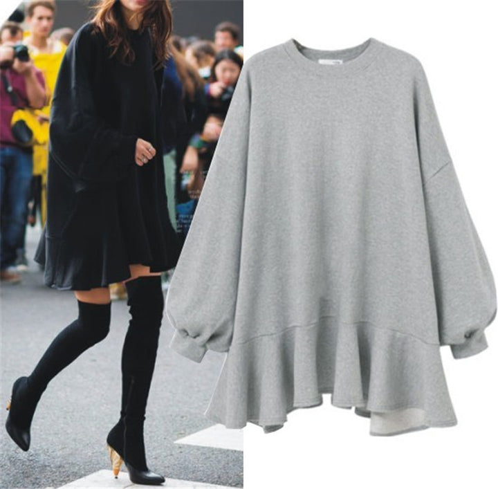 Women's oversized sweatshirt dress with ruffle hem and balloon sleeves Mune Fashion