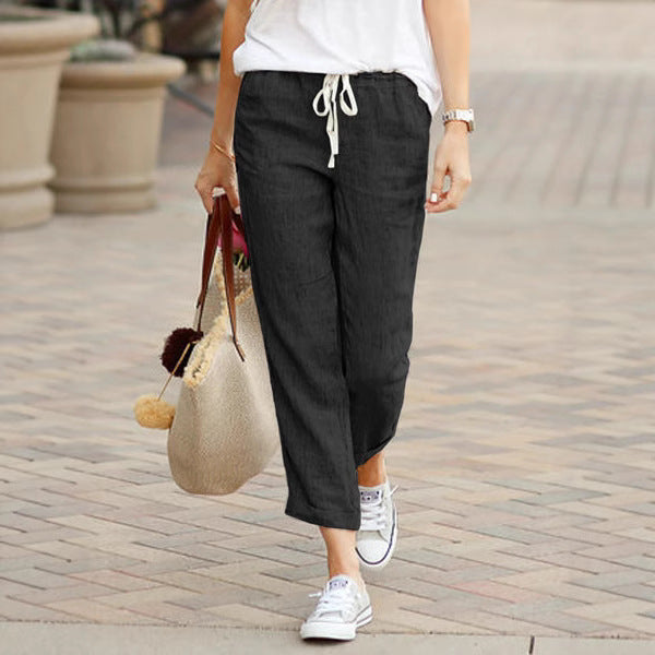 Women's lightweight linen blend pants with drawstring, loose culotte cut and ankle-length hem Mune Fashion