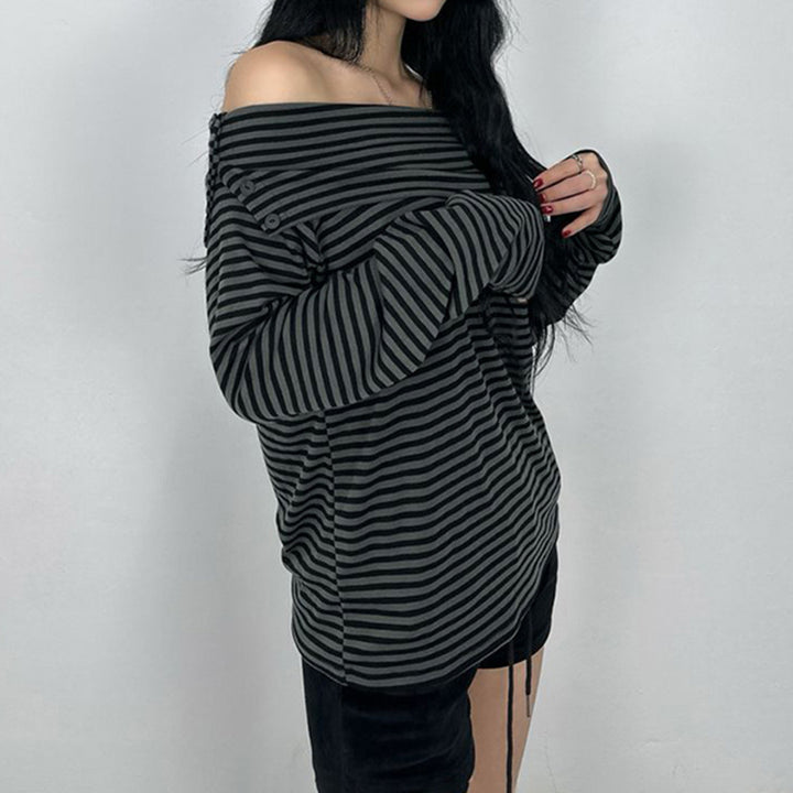 Women's off-the-shoulder long-sleeve shirt with Carmen neckline, tailored fit and fine stripe pattern Mune Fashion
