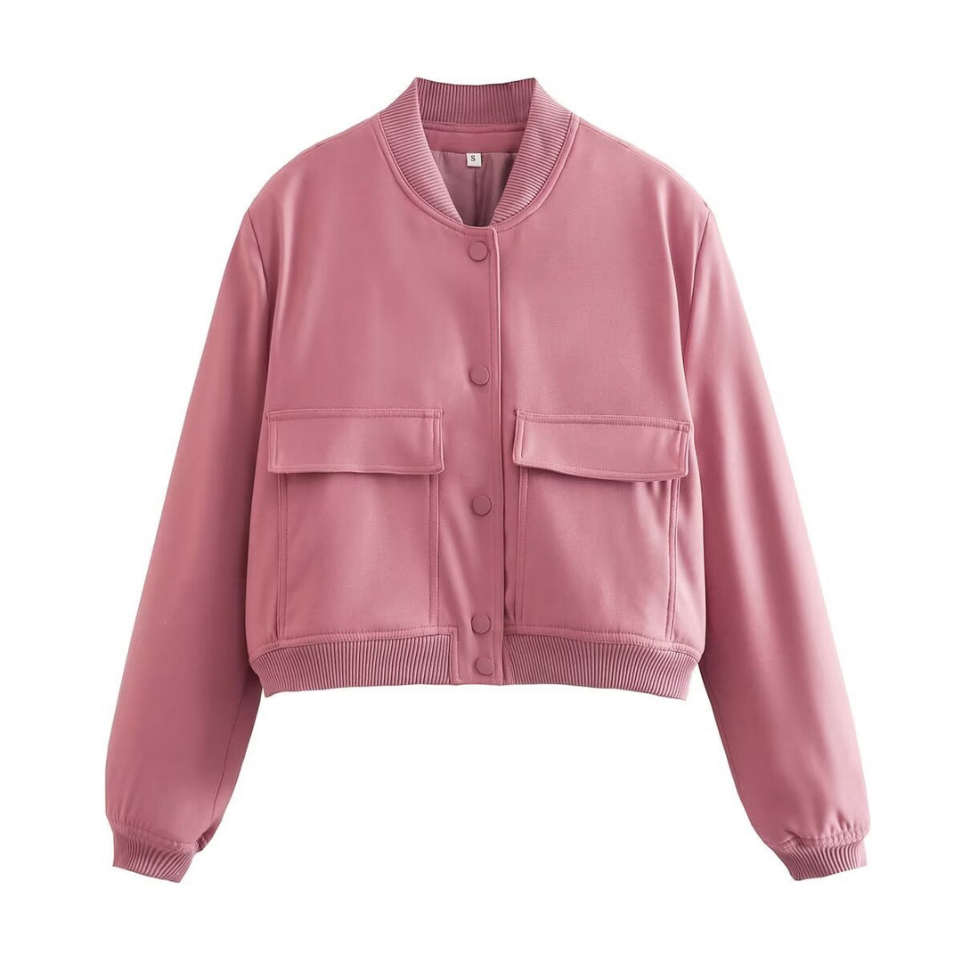 Women Short Cut Utility Bomber Jacket with Large Flap Pockets and Ribbed Cuffs Mune Fashion