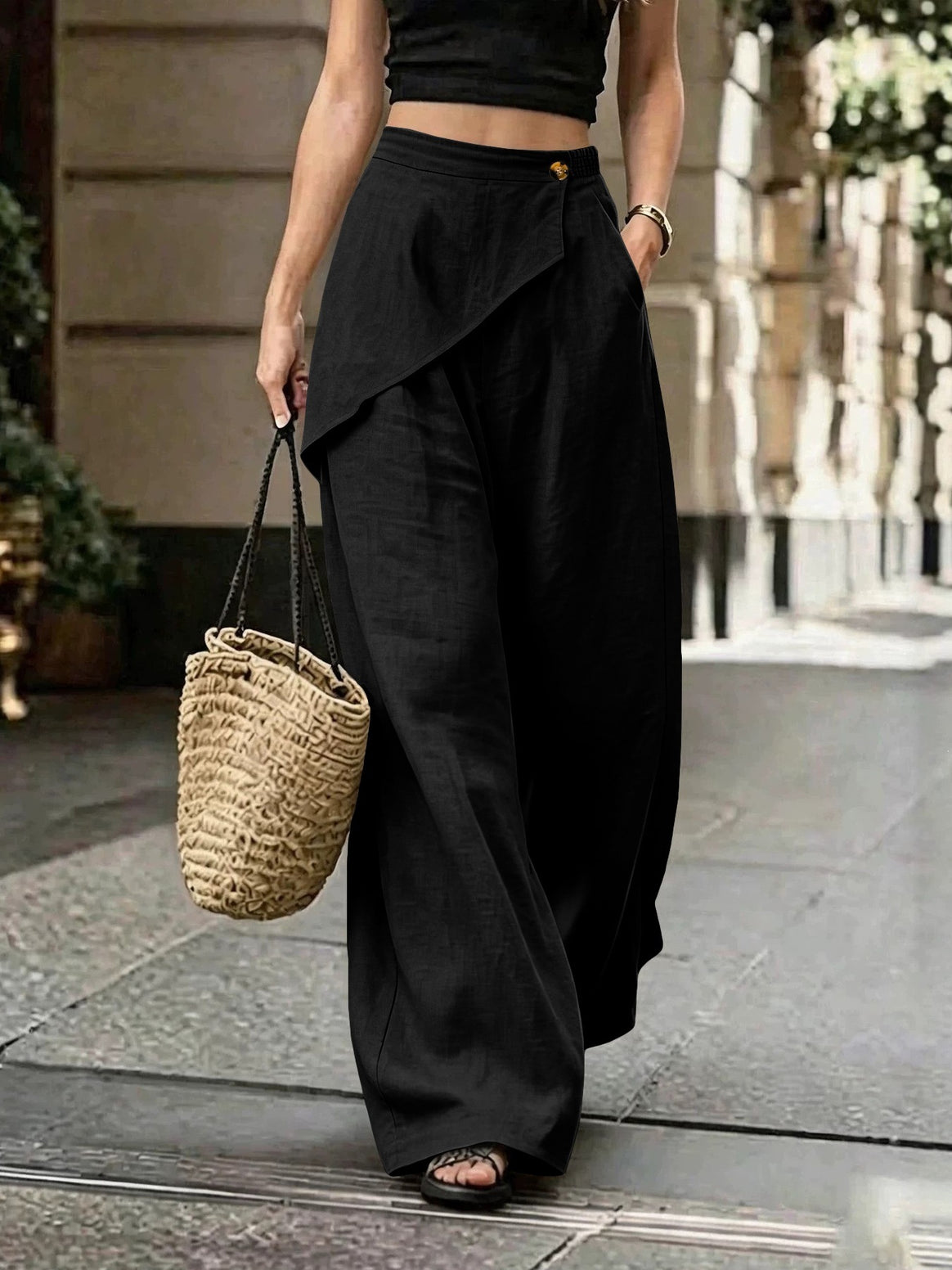 Ladies Light Linen Trousers with Wrap Front and Wide Leg Mune Fashion
