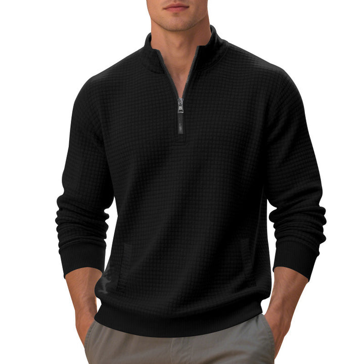Men's waffle knit half-zip pullover with stand-up collar, kangaroo pocket & ribbed finishes Mune Fashion