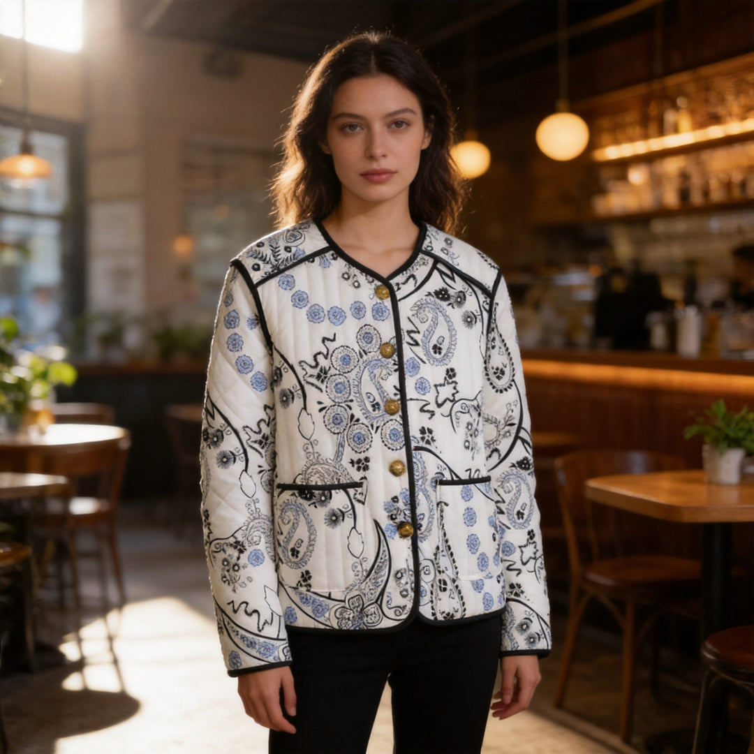 Women's Quilted Short Jacket with Paisley Flower Print, Round Neckline and Contrast Piping Mune Fashion