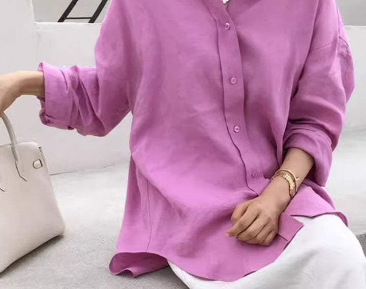Women’s casual linen blouse with structured WMune fashioning, dropped shoulder and roll-up sleeves Mune fashion