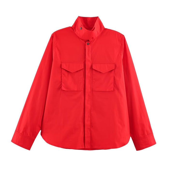 Women’s Oversized Shirt Jacket with Stand Collar and Patch Chest Pockets Mune Fashion