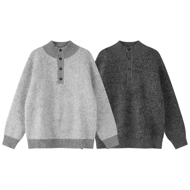 Unisex Boxy knit sweater with Henley button placket and raised ribbed collar Mune Fashion