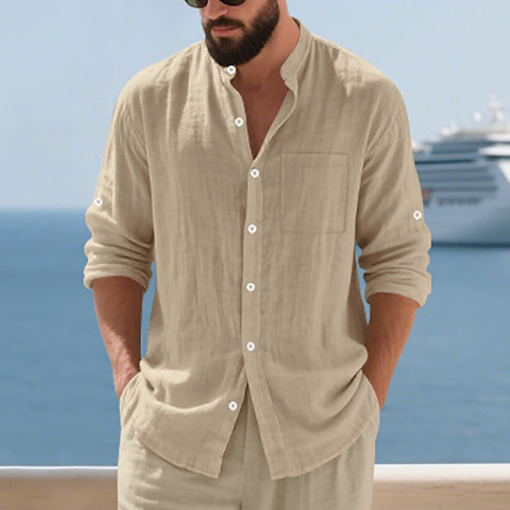 Men's airy linen shirt with stand-up collar, breast pocket, and rollable sleeves Mune Fashion